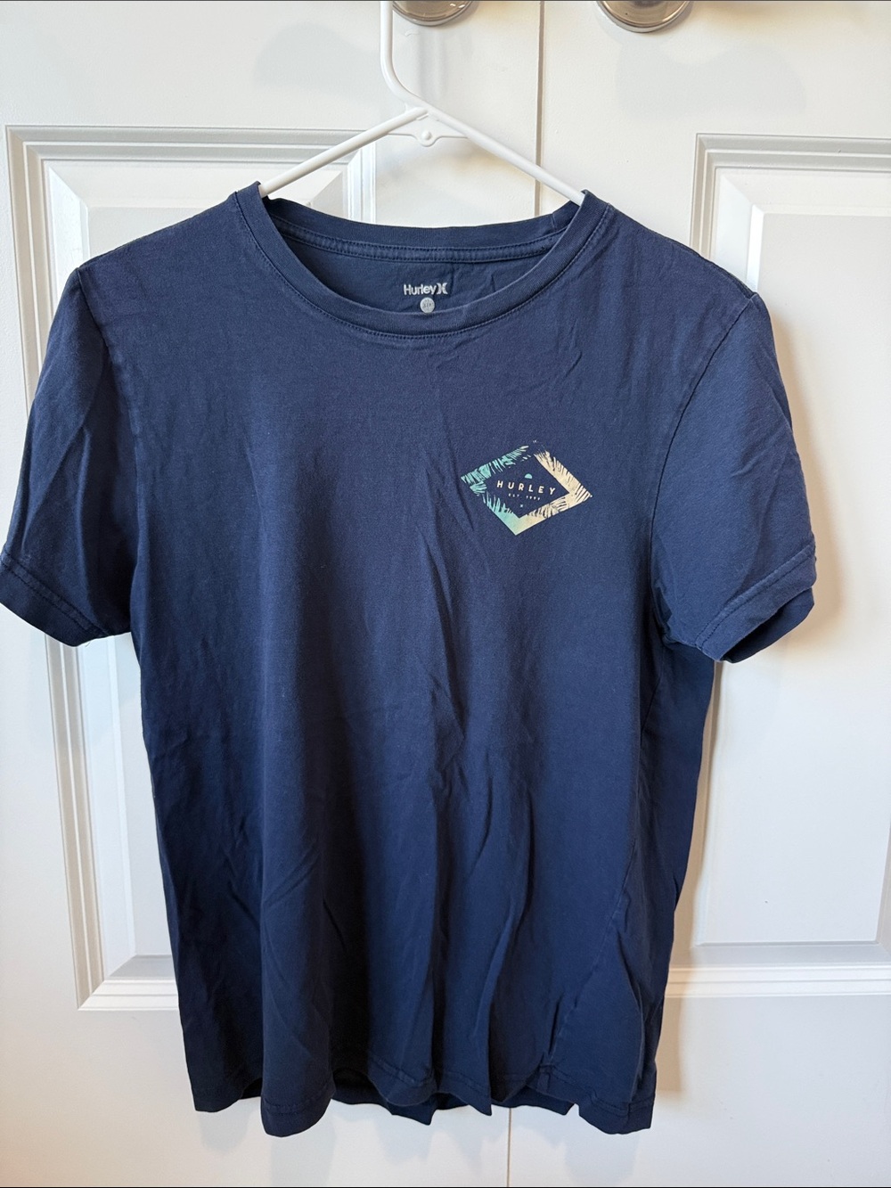 Hurley Navy Short Sleeve Graphic Tee with Teal & Cream Chest Logo